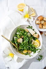 Wild Arugula Salad with Garlic Croutons, Shaved Parmesan, and Caramelized Lemon