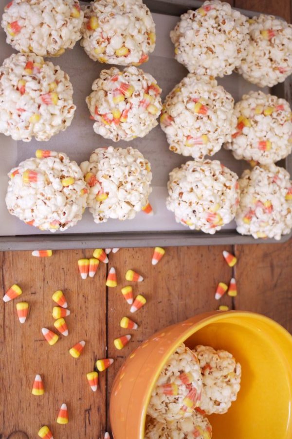 CANDY CORN MARSHMALLOW POPCORN BALLS