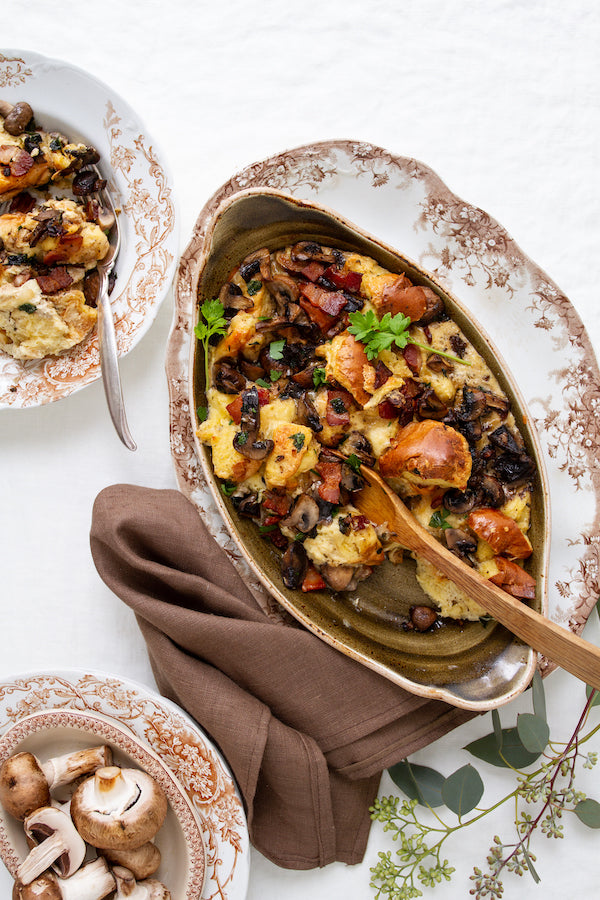 Savory Mushroom and Bacon Bread Pudding