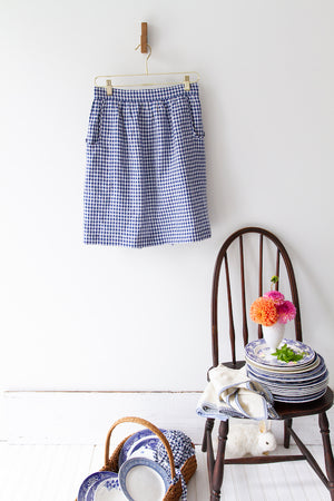 HOSTESS APRON IN BLUE GINGHAM LINEN