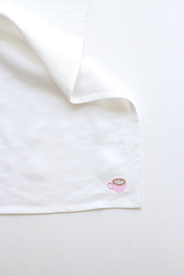 WHITE LINEN KITCHEN TOWEL (PINK CAFE LATTE EMBROIDERY)