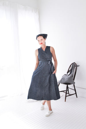 CUISINE APRON DRESS IN INDIGO CHAMBRAY LINEN