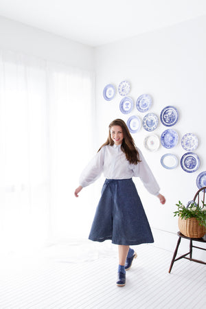 LINEN SPLIT SKIRT IN INDIGO CHAMBRAY (2 SIZES)