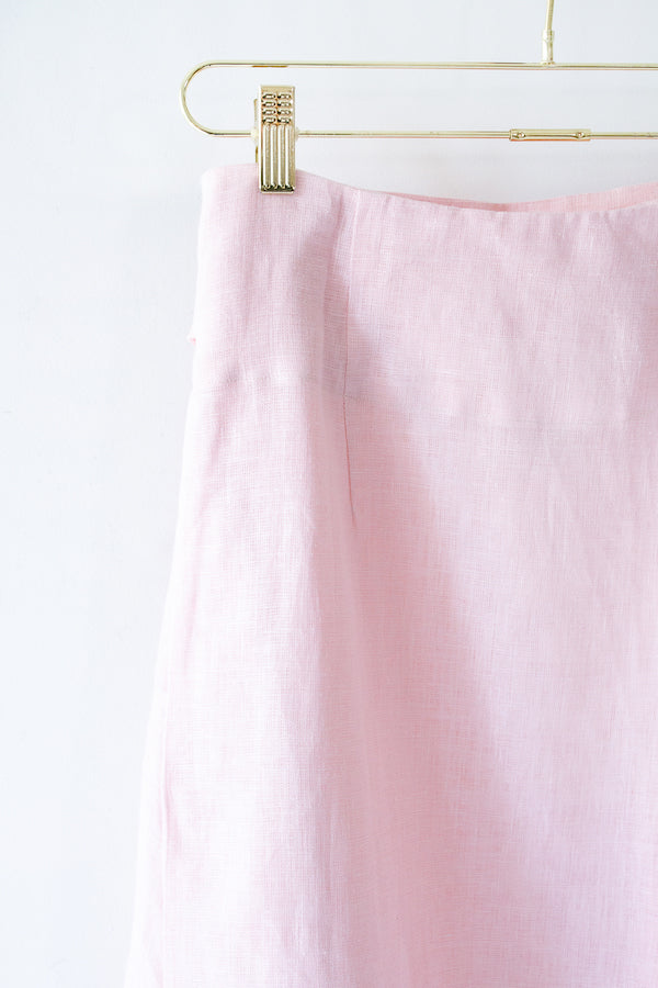 EVERYDAY BEAUTIFUL A-LINE APRON WRAP SKIRT IN SOFT PINK LINEN