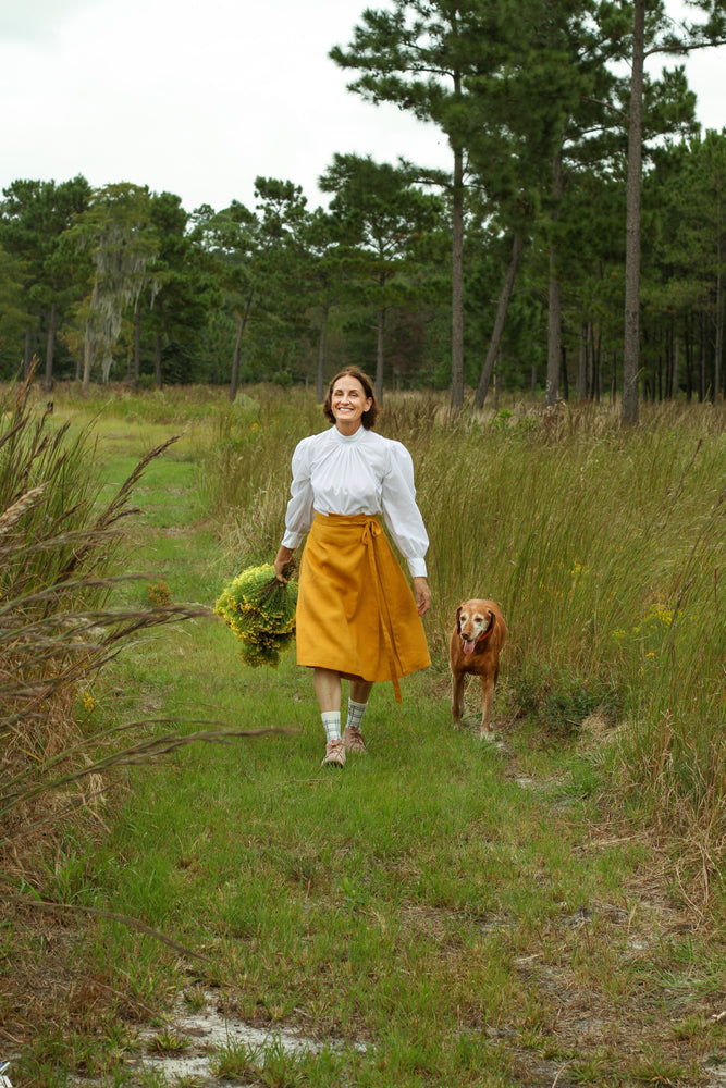 EVERYDAY BEAUTIFUL A-LINE APRON WRAP SKIRT IN MUSTARD LINEN