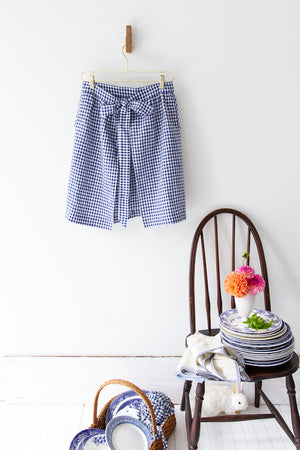 HOSTESS APRON IN BLUE GINGHAM LINEN