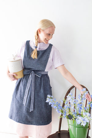 PINAFORE APRON IN INDIGO CHAMBRAY AND NAVY GINGHAM