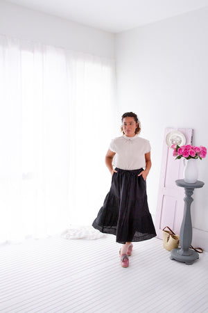 TIERED A-LINE MIDI SKIRT (black linen)